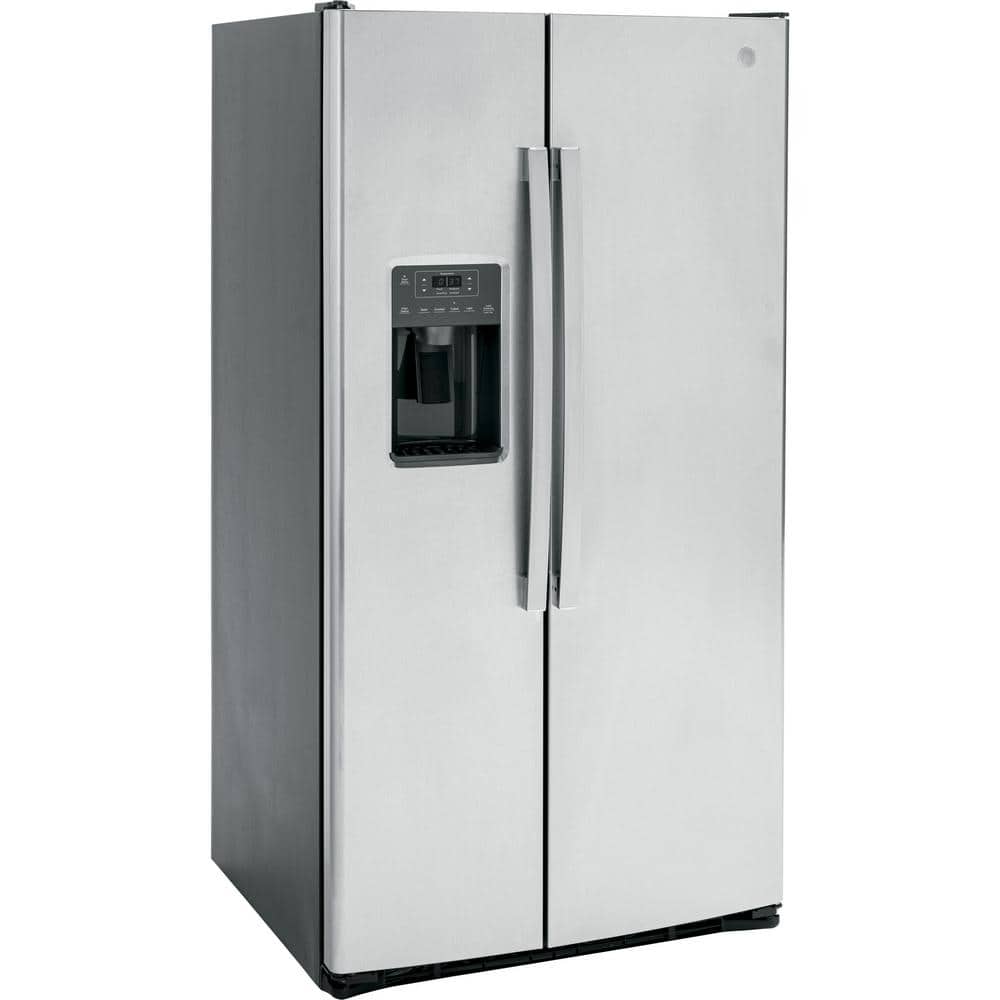 GE Appliances 25.3 Cu. Ft. Side by Side Refrirator in Finrprint Resistant Stainless Steel, Standard Depth