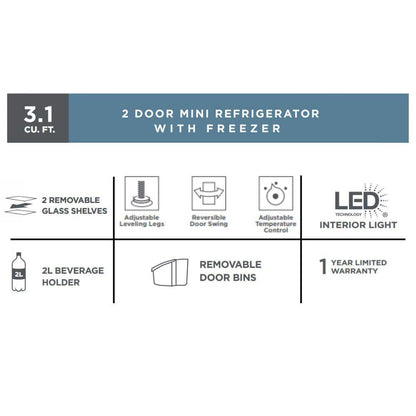 3.1 Cu. Ft. 2-Door Mini Refrigerator in Stainless Steel with Freezer, ENERGY STAR