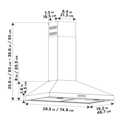 Siena 30 In. 350CFM Convertible Pyramid Wall Mount Range Hood in Stainless Steel with Charcoal Filter and LED Lighting