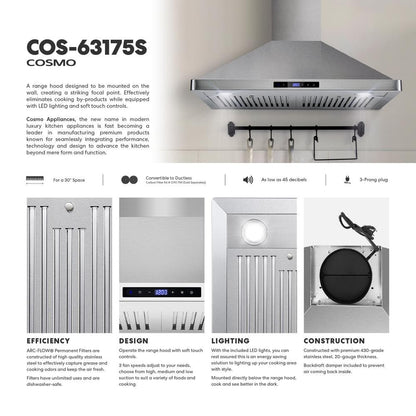 30 In. Vista Collection 380 CFM Ducted Wall Mount Range Hood, Touch Controls, LED Lights, Stainless Steel