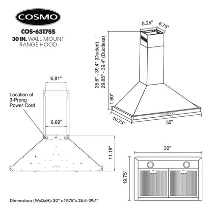 30 In. Vista Collection 380 CFM Ducted Wall Mount Range Hood, Touch Controls, LED Lights, Stainless Steel
